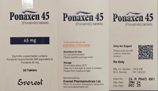 პონატინიბი 15 მგ ფილმით დაფარული ტაბლეტები, 30 ტაბლეტი — გენერიკული (ბანგლადეში) (იკლუზიგის ანალოგი)