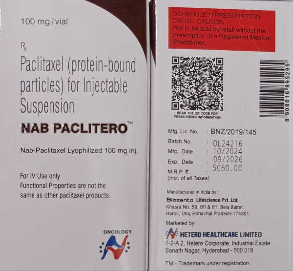 Paclitaxel albumin-bound (nab-paclitaxel) 100 mg powder for suspension for infusion — generic (India)